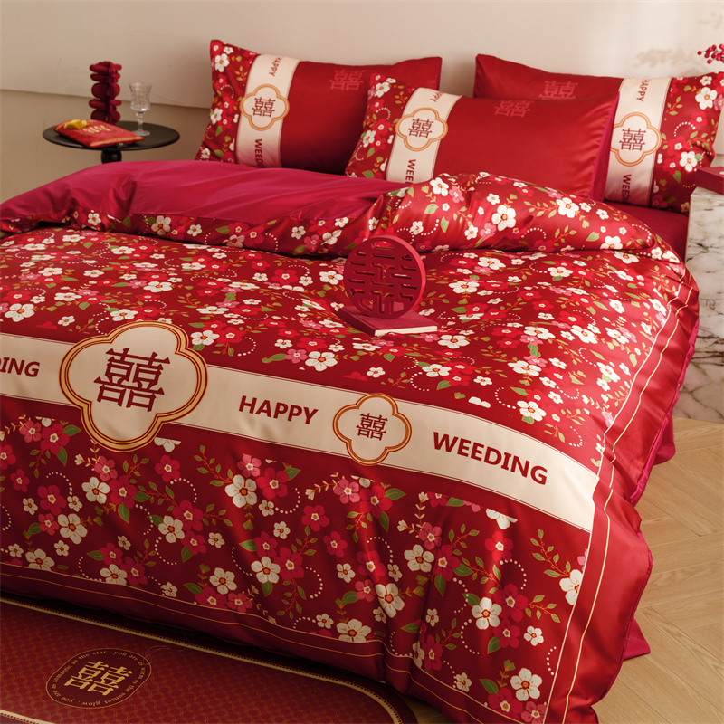 高档中式全棉结婚四件套大红色床单被套纯棉婚庆床上用品婚房喜被