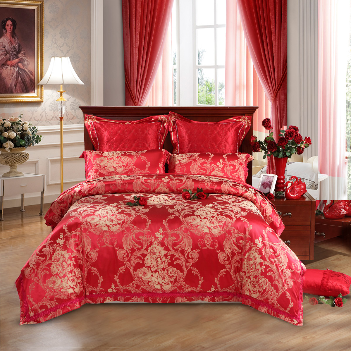 水星家纺婚庆竹棉提花贡缎四件套良缘双人大红结婚床品1.8米床品