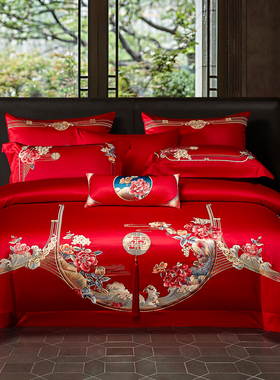 140s支全棉婚庆四件套婚房床上用品大红色刺绣喜被子结婚六十件套