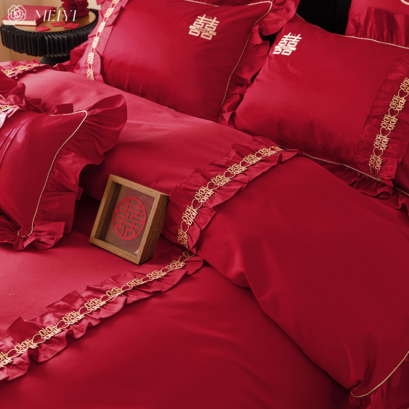 中式风120S贡缎喜被结婚四件套全棉长绒棉大红色婚庆纯棉床上用品
