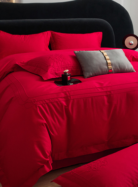 高档简约全棉中式结婚四件套大红色床单被套纯棉婚庆床上用品婚房