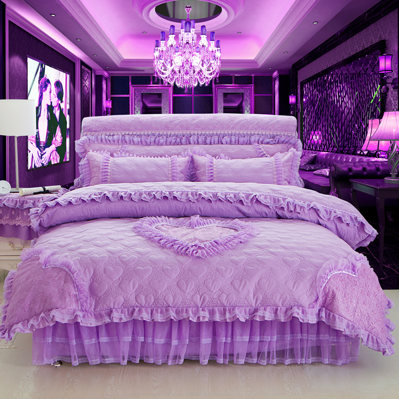 公主风床裙四件套韩式花边纯色加棉加厚床罩蕾丝床单被套婚庆粉色