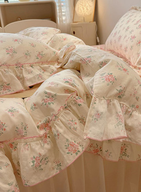韩系花边全棉双层纱床上四件套纯棉少女心被套床单人三件套床裙款