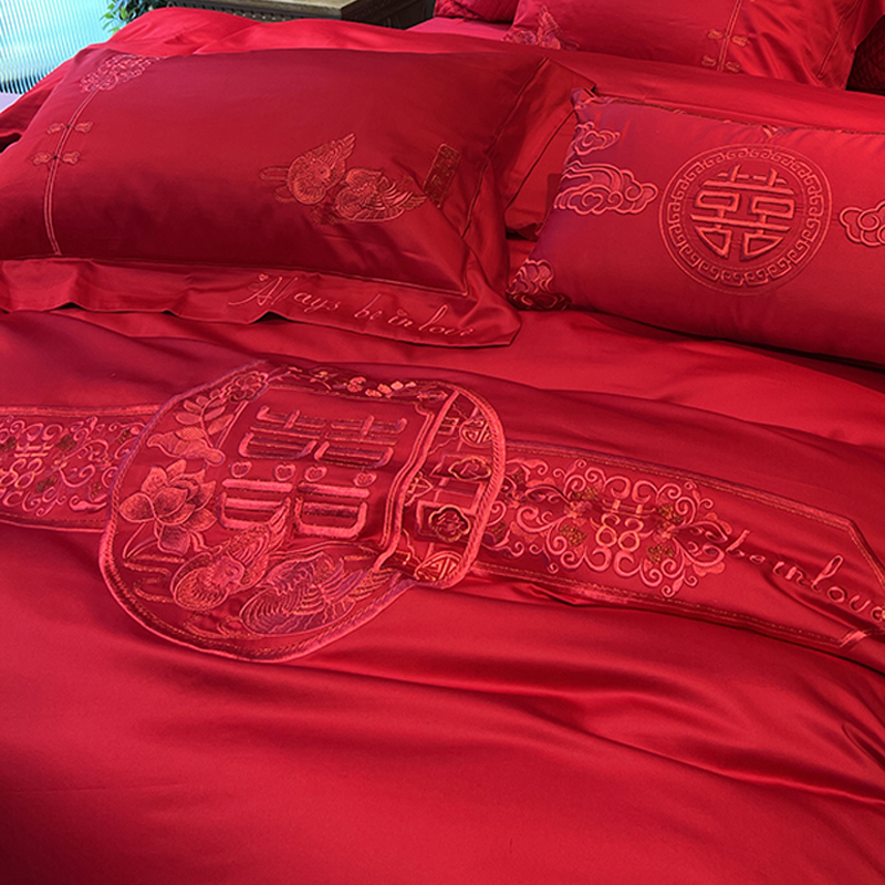 高端140支匹马棉刺绣四件套全棉大红色婚庆龙凤被套新婚中式床品