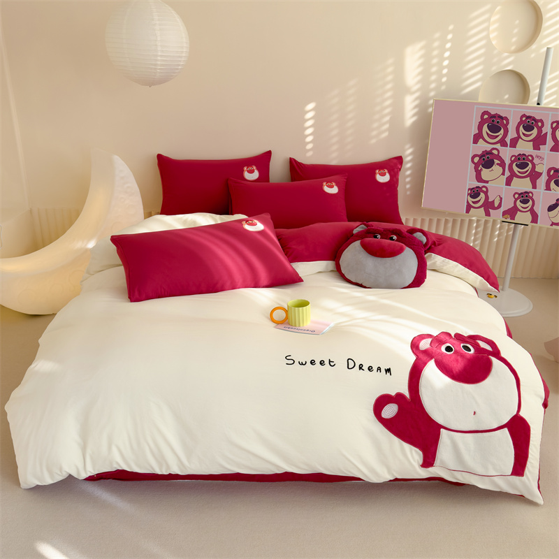 正版迪士尼卡通儿童床上四件套草莓熊可爱男孩女生水洗棉床单被套