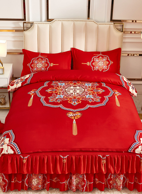 新款结婚四件套喜庆大红色床裙式公主风双层花边全棉床罩纯棉被套