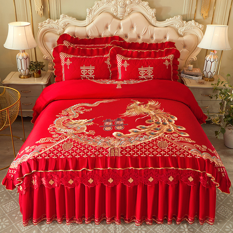 中式婚嫁全棉婚庆大红四件套床裙款刺绣花喜被套纯棉结婚床上用品