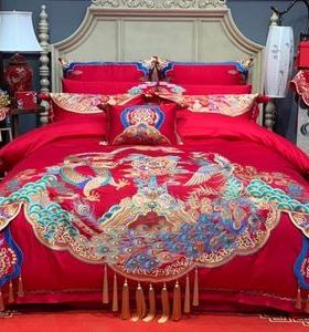 高端刺绣龙凤被套婚庆喜被四件套结婚全棉纯棉大红色婚礼床上用品