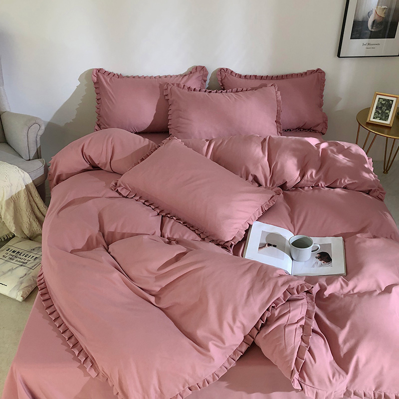 ins公主粉纯色花边四件套床笠款1.5/1.8米床上用品被套床单三件套