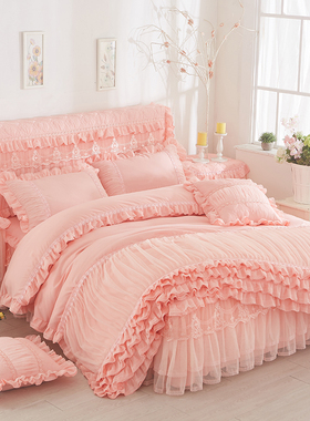韩版公主蕾丝床裙式四件套床罩床上用品花边纯色磨毛床套多件套