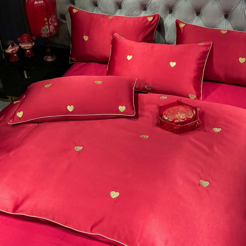 高档奢华爱心刺绣婚庆四件套大红色床单被套全棉纯棉结婚床上用品