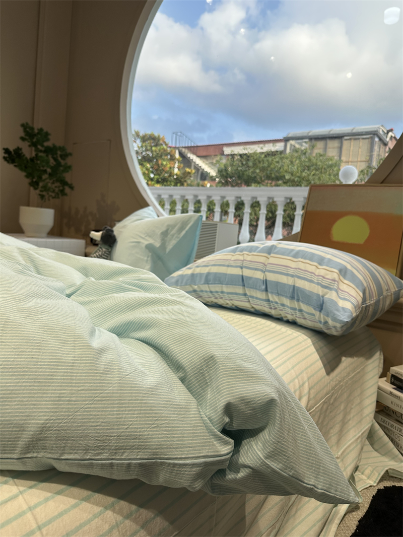 舒适清新海洋蓝色织水洗棉细条纹床上四件套1.5m1.8米公寓被套三