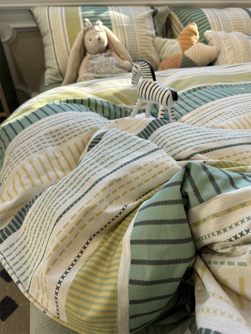 ins北欧简约绿色条纹床上四件套全棉纯棉1.5m米被套床单公寓宿舍