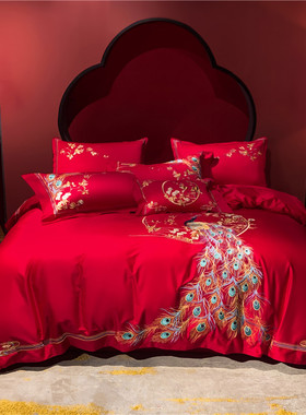 高端100支长绒棉中式红色刺绣全棉被套床上四六件套喜被结婚陪嫁