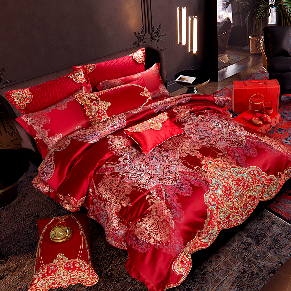 思辰家纺结婚四件套高端大红色真丝棉欧式刺绣婚庆十件套床上用品