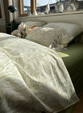 ins绿色简笔田园小碎花床上四件套全棉纯棉文艺1.5m米被套床单1.8