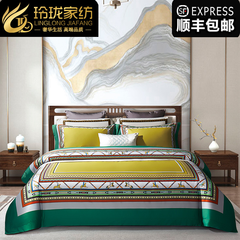 新中式中国风数码印花140支纯棉四件套 全棉床单被套别墅床上用品