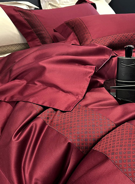 高级感提花大红色床单四件套纯棉全棉120S长绒棉轻奢双人床上用品