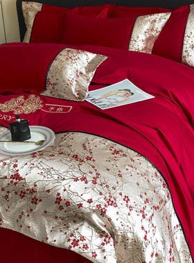 高档中式婚庆四件套大红色床单被套纯棉新婚结婚床上用品婚房喜被