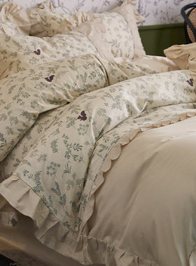 法式全棉四件套花卉印花纯棉被套床单新款精梳棉三件套荷花边床品