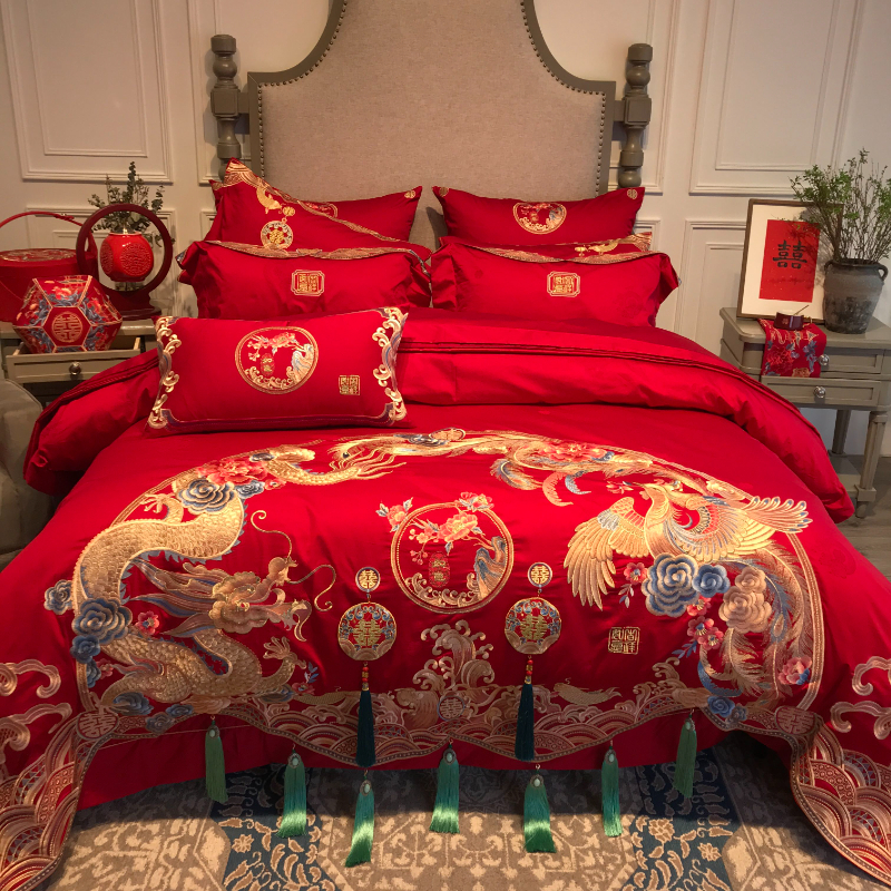 超大气高端陪嫁婚庆四件套结婚全棉纯棉龙凤被套红色中式床上用品