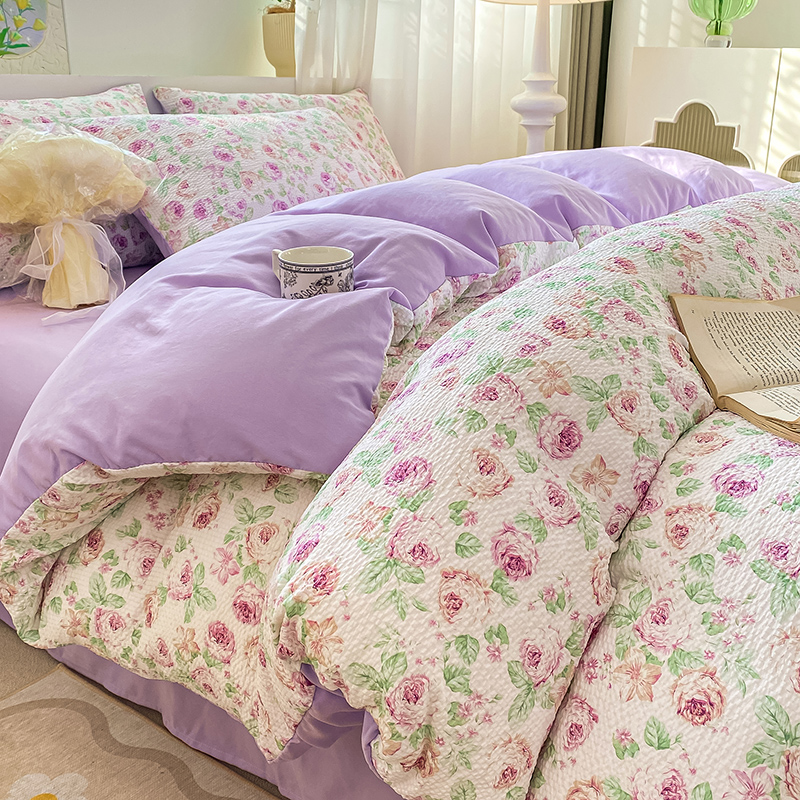 ins韩式花卉被套水洗棉泡泡纱四件套床单被罩宿舍单人床上三件套