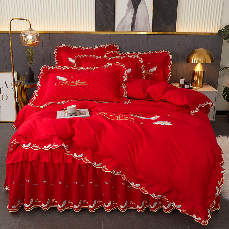 全棉婚庆四件套床裙款大红纯棉欧式夹棉床罩刺绣被套新婚床上用品