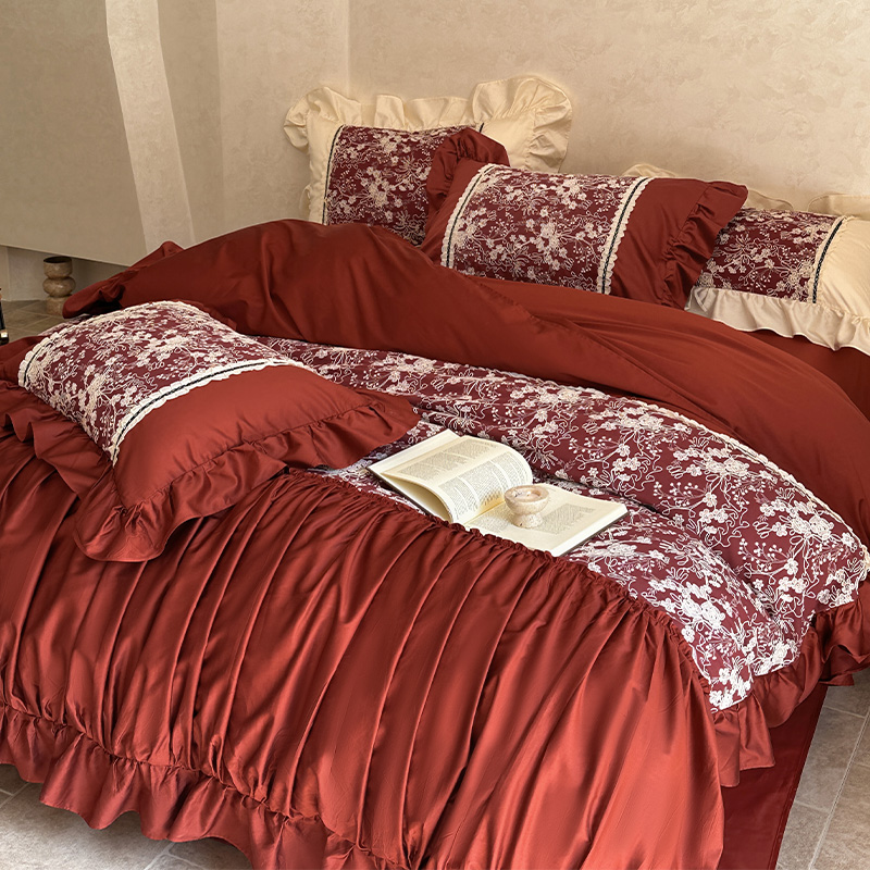 法式浪漫婚礼床上用品100支长绒棉刺绣花红色婚庆被套床单四件套