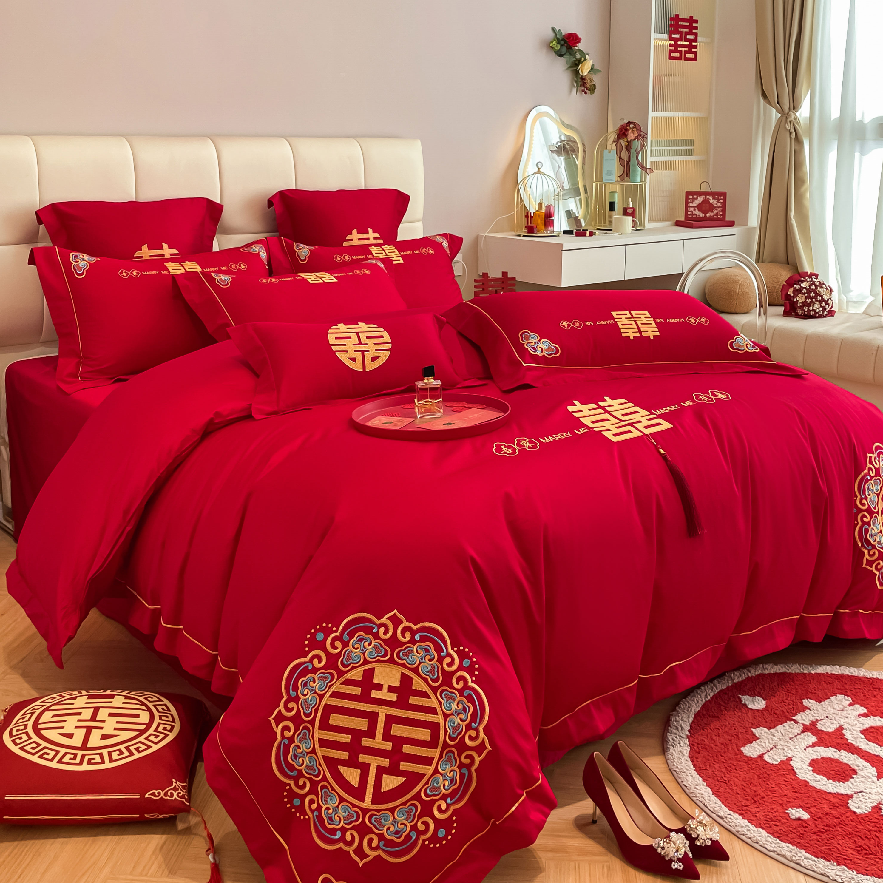 高档中式喜字结婚四件套大红色床单被套纯棉婚庆床上用品婚房喜被
