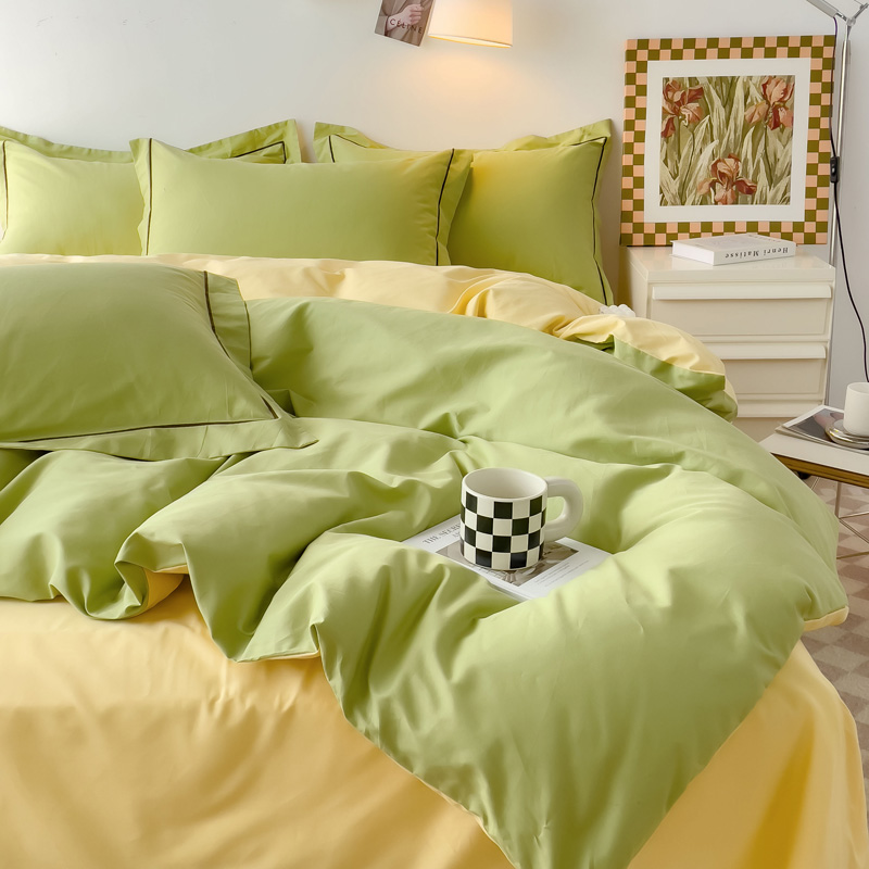 纯色简约双拼床上四件套100纯棉全棉床品轻奢绿色小清新床单被套