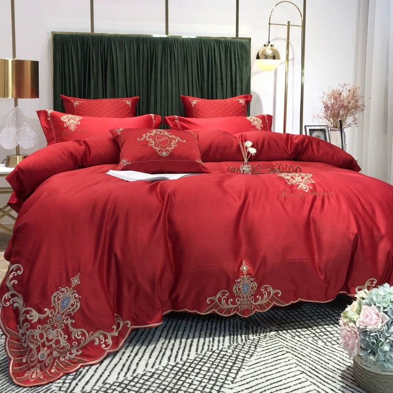 高档欧式贡缎结婚四件套大红色床单被套纯棉婚庆床上用品婚房喜被