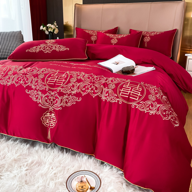 高档奢华欧式刺绣纯棉婚庆四件套大红色床单被套全棉结婚床上用品