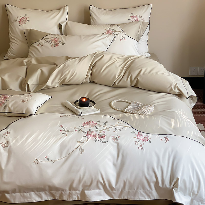 中式复古风100S长绒棉四件套花卉刺绣美式全棉被套床单款床上用品