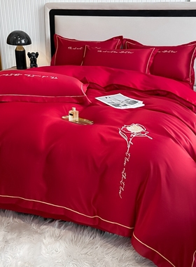 轻奢欧式刺绣婚庆四件套大红色床单被套全棉纯棉简约结婚床上用品