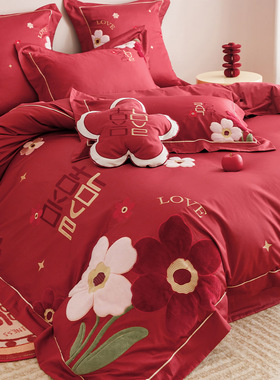 新中式大花婚庆四件套全棉100支贴补刺绣红色结婚被套床单1.8床笠