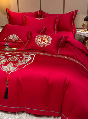 中式刺绣婚庆四件套大红色床单被套高档奢华全棉纯棉结婚床上用品