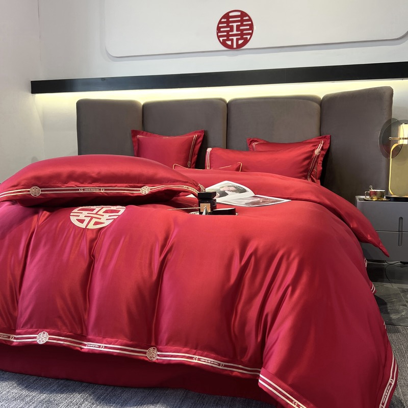 中式简约结婚四件套大红色床单被套全棉纯棉高档婚庆床上用品婚房