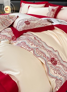 新婚结婚床上四件套婚庆纯棉100全棉红色床单被套轻奢高级感床品4