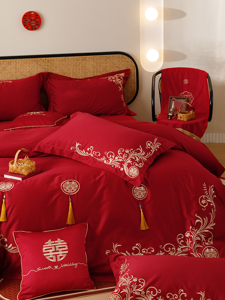 新中式婚庆100支长绒棉四件套双喜刺绣纯棉结婚被套床单床上用品