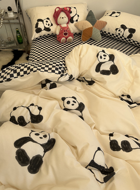 ins卡通可爱大熊猫全棉床上四件套纯棉文艺被套床单三件套少女心