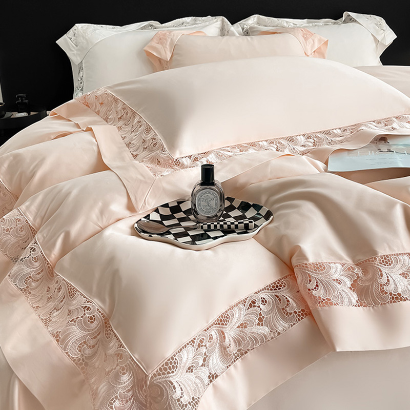高档贡缎纯棉四件套120支轻奢风镂空边被套床单欧式双人床上用品