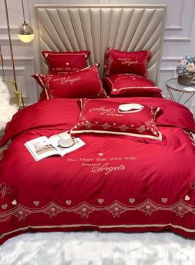 中式婚庆刺绣大红色四/六/七件套 床单式双人床套件 亲肤床上用品