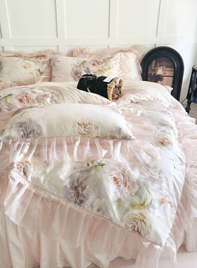 法式天丝棉油画四件套少女印花床上用品被套全棉床单床裙丝滑凉感