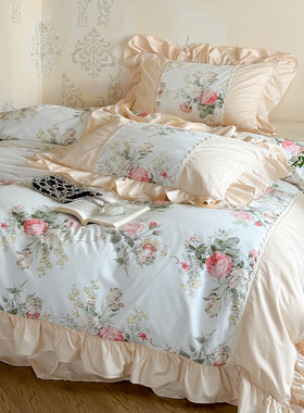 法式轻奢田园花卉全棉床上四件套公主风花边纯棉被套床单少女裸睡