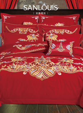 圣路易丝婚庆十一件套大红色全棉刺绣结婚床上用品新婚喜被套件