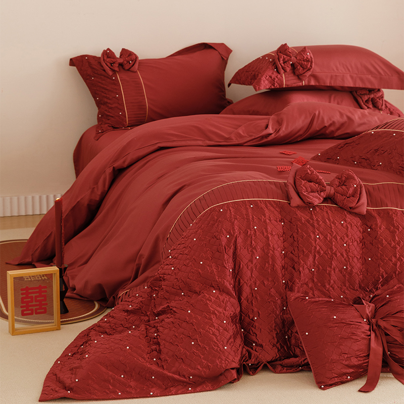 简约婚庆床品四件套全棉立体蝴蝶结绣花红色结婚被套床单床上用品