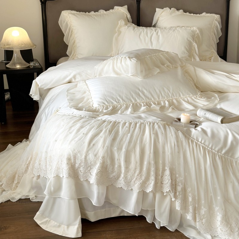 法式轻奢高级感仙女全棉长绒棉床上四件套公主风蕾丝被套纯棉床单