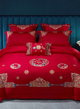 百子图四件套中式婚庆全棉60支长绒棉床上用品红床单结婚六十件套