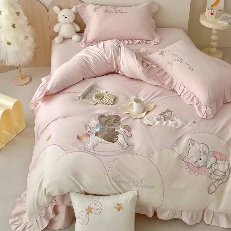 少女心粉色女孩全棉四件套高档刺绣卡通床上用品儿童纯棉床单被套