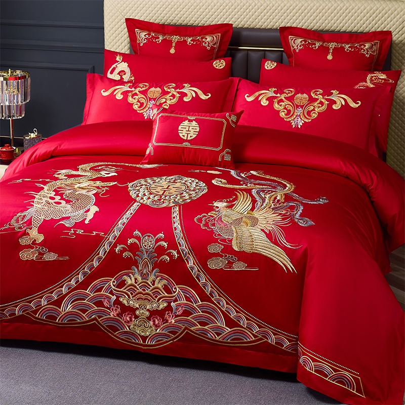 婚庆结婚床上用品四件套大红色中式龙凤刺绣床单被罩长绒棉六件套